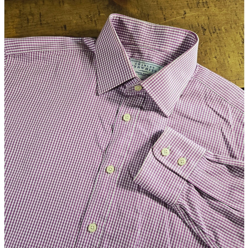 Charles Tyrwhitt Dress Shirt 16 35 Purple Gingham Checkered Long‎ Sleeve